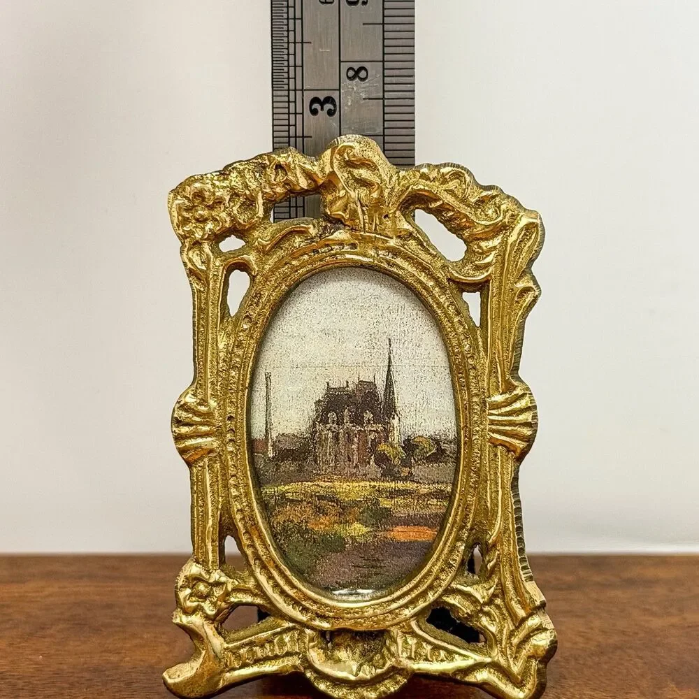 Antique Art Nouveau Solid Brass Miniature Oval Picture Frame c.1895-1915
